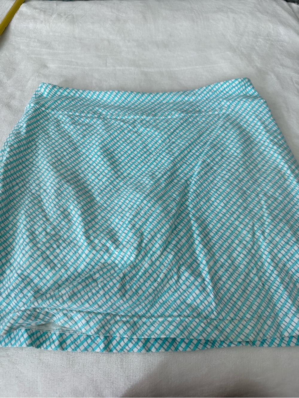 Athleta Skort Medium Stretch Golf Tennis Zipper Pocket Aqua White Athletic E19